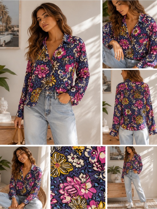 Vera Bradley Tops - Vera Bradley Floral Button Up Shirt Blue Pink Cotton Small Boho Casual